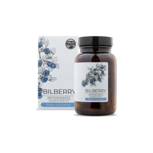 Imaginea prezintă flaconul cu Bilberry Organic, un supliment natural și organic pentru sănătatea generală.