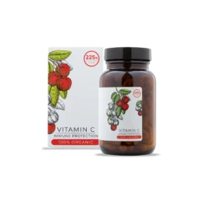 Imaginea prezintă flaconul cu Vitamina C Organică – 60 capsule, fabricat din ingrediente naturale și organice.