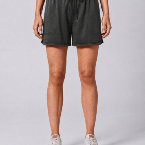 Pantaloni scurți damă din jerseu piqué de cânepă, talie elastică, culoarea Negru