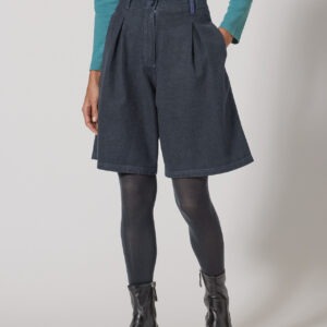 Pantaloni Scurți Bermuda din Cânepă și Bumbac Organic, Carouri Discrete – Bleumarin – vedere față / produs