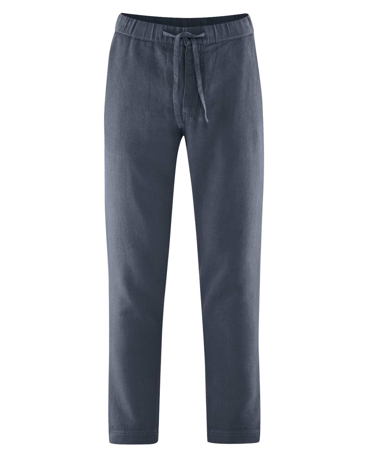Pantaloni Comozi Unisex din Cânepă și Bumbac Organic 2 Pantaloni Comozi Unisex din Cânepă și Bumbac Organic – Gri-albastru închis – vedere purtat / detaliu